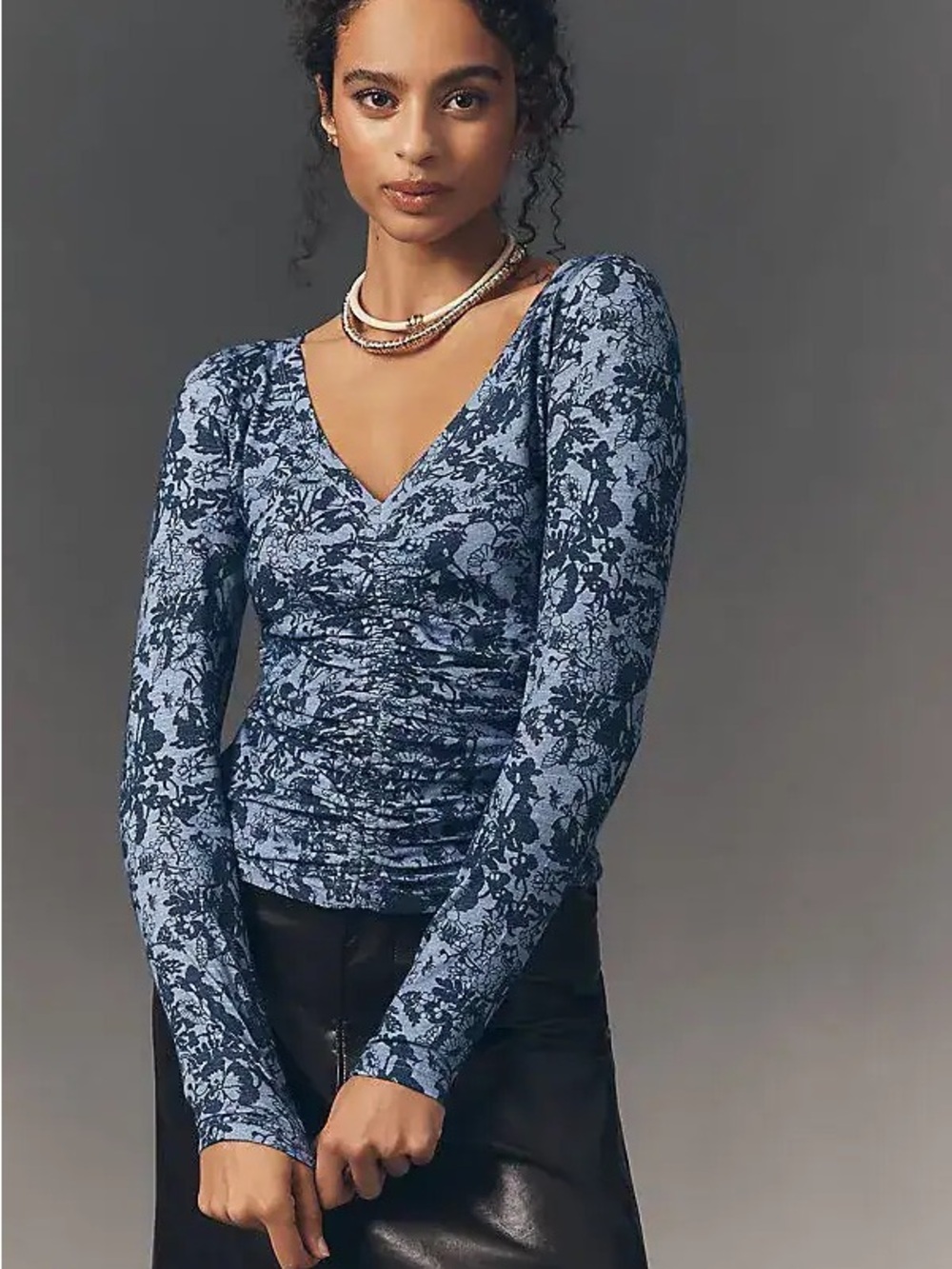 Pilcro Anthropologie Blue Floral Cinched V-Neck Top Long Sleeve M NWT 100%Cotton
